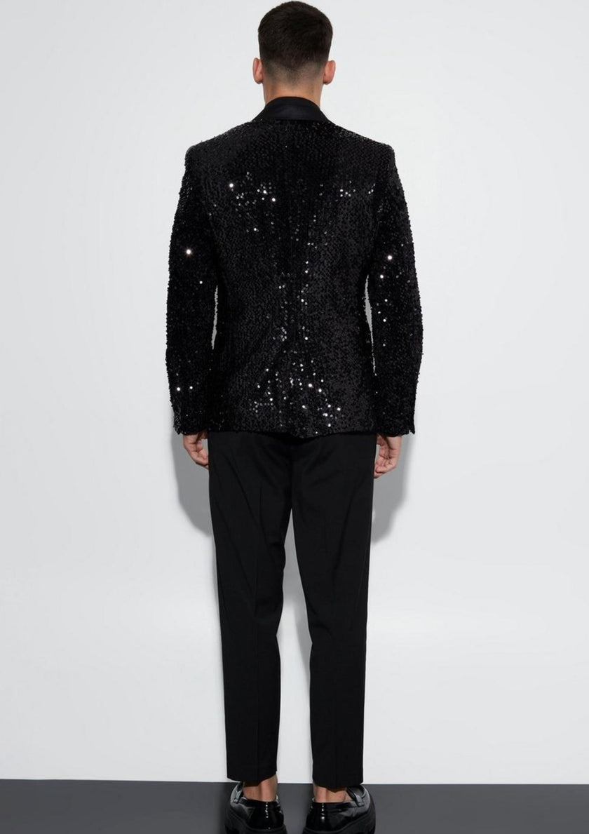 Sequin Tuxedo Blazer With Satin Lapel in Black Tumuh