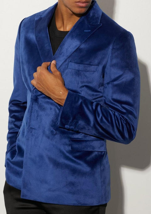 Blue Double Breasted Velour Blazer