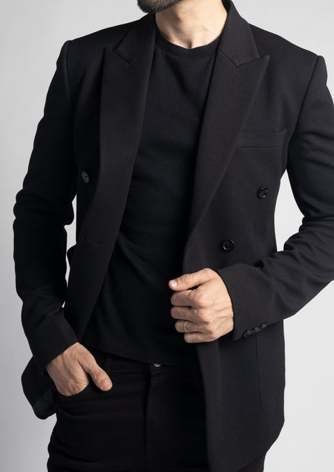 Black Pique Slim Fit Double Breasted Blazer