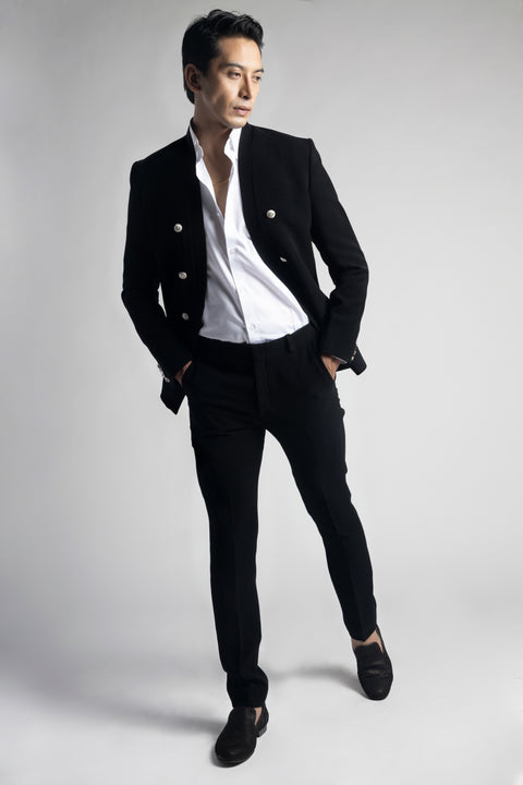 Black Double Breasted Unbuttoned Blazer Suit with Metal Buttons