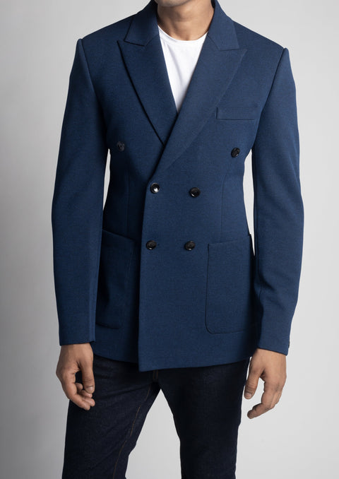 Royal Blue Pique Slim Fit Double Breasted Blazer