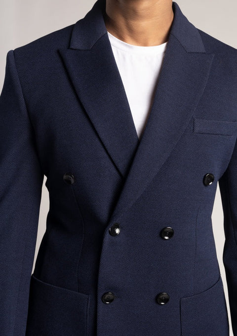 Navy Pique Slim Fit Double Breasted Blazer
