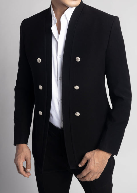Black Double Breasted Unbuttoned Blazer Suit with Metal Buttons