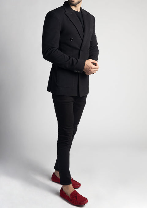 Black Pique Slim Fit Double Breasted Blazer