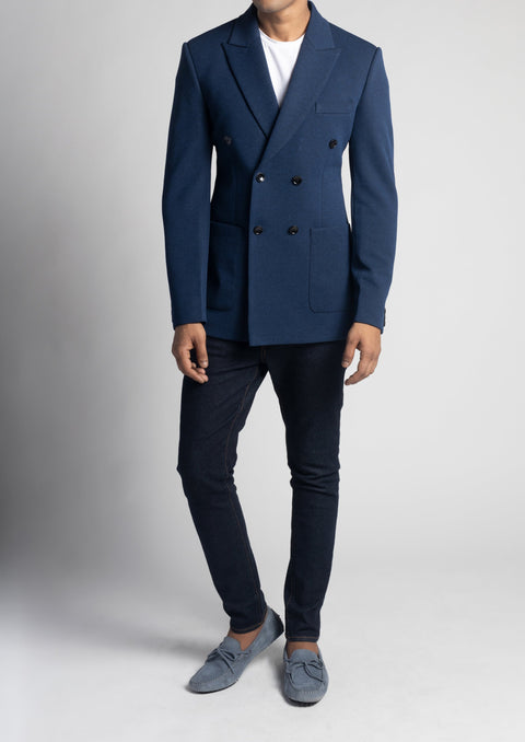 Royal Blue Pique Slim Fit Double Breasted Blazer