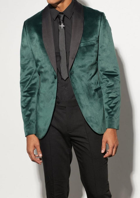 Green Slim Velour Shawl Lapel Tuxedo Suit Jacket