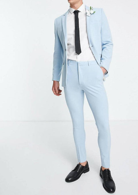 Slim Fit Light Blue Single Breasted Suit For Wedding With Notch Lapel