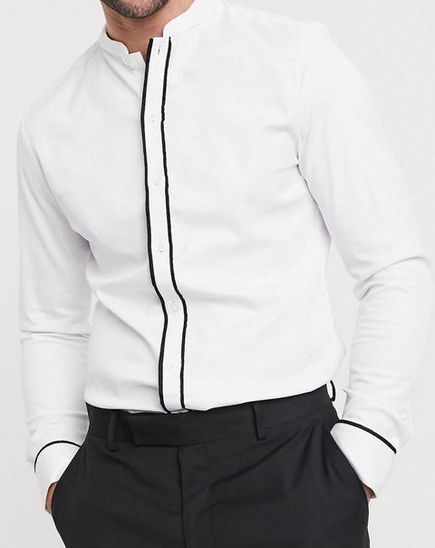 White slim fit shirt with mandarin collar & contrast tipping