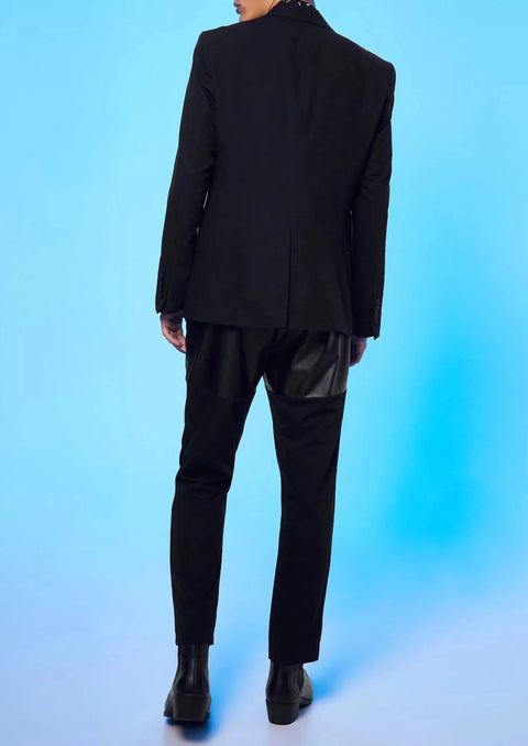 Black Leather Contrast Lapel Slim Fit Suit Jacket