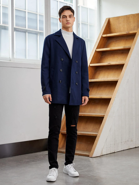 Notch Lapel Double Breasted Overcoat in Blue