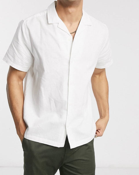 White relaxed fit linen shirt with revere collar