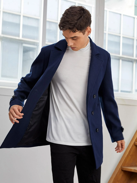 Notch Lapel Double Breasted Overcoat in Blue
