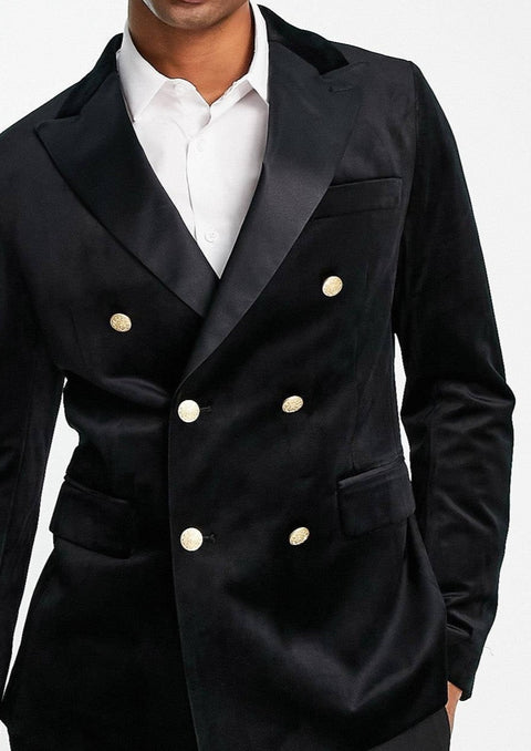 Black Velvet Double Breasted Blazer with Gold Buttons Tumuh