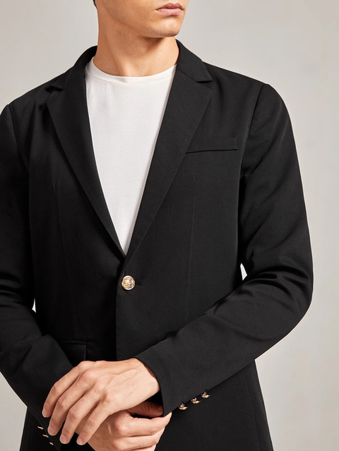 Black Notch Lapel Casual Blazer with Gold Button