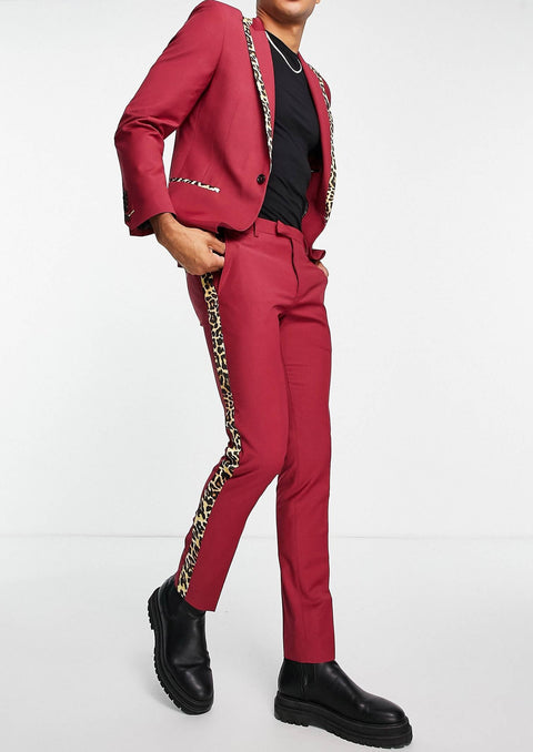 Red Tuxedo With Leopard Print Notch Lapel