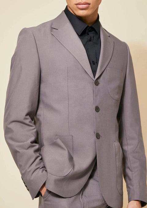 Three Button Single Breasted Patch Patch Slim Suit Jacket in Dark Grey Brown