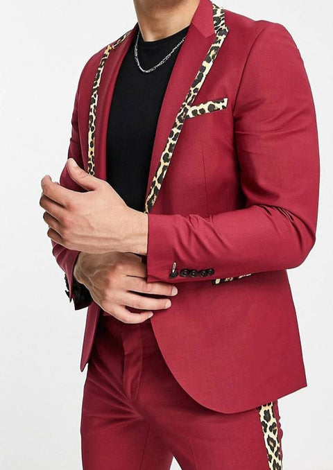 Red Tuxedo With Leopard Print Notch Lapel