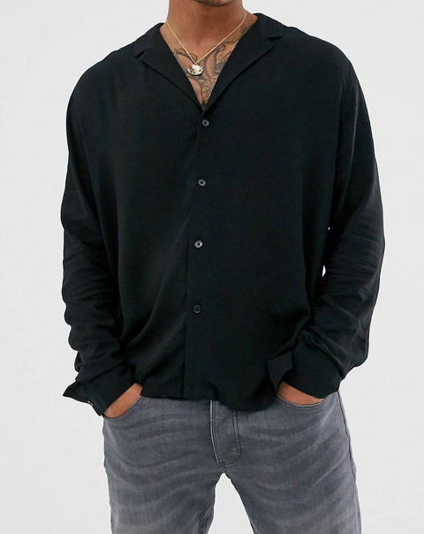Black relaxed fit  shirt with low revere collar