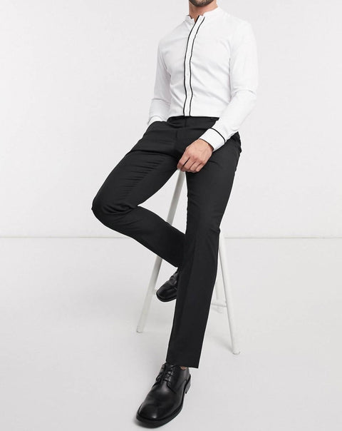 White slim fit shirt with mandarin collar & contrast tipping