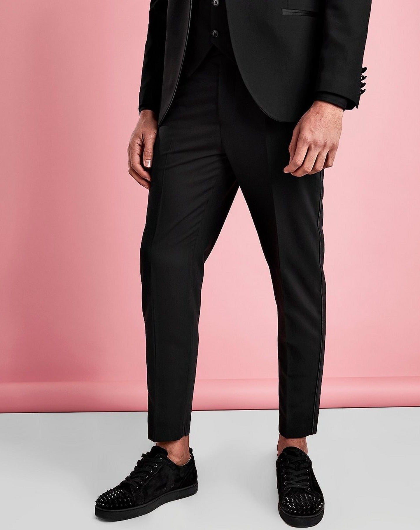 Mens Black Flat Front ComfortWaist Tuxedo Pants with Satin Stripe   99tux