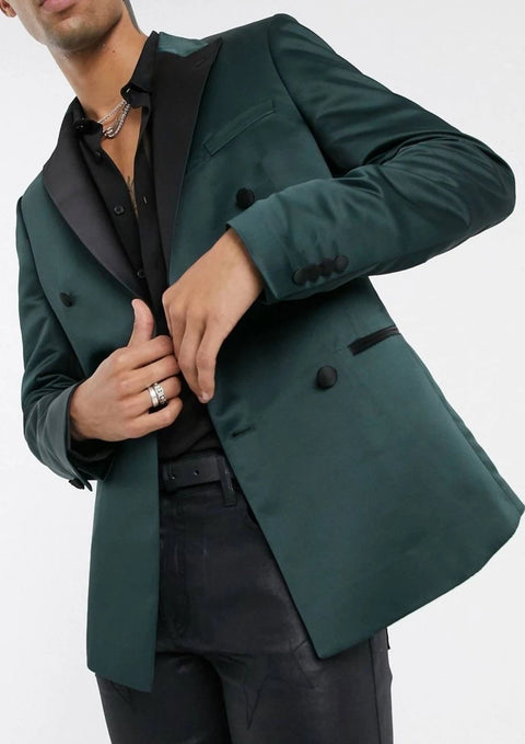 Green Double Breasted Blazer with Black Lapel