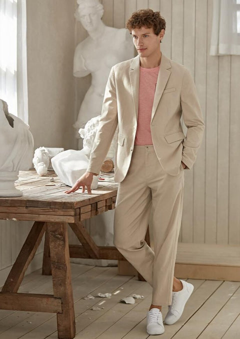 Solid Notched collar solid blazer/suit in Beige