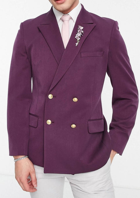 Purple Double Breasted Blazer in Slim Fit with Gold Buttons