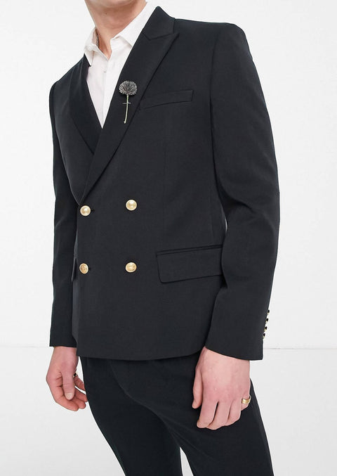 Slim Black Double Breasted Blazer Suit With Gold Buttons