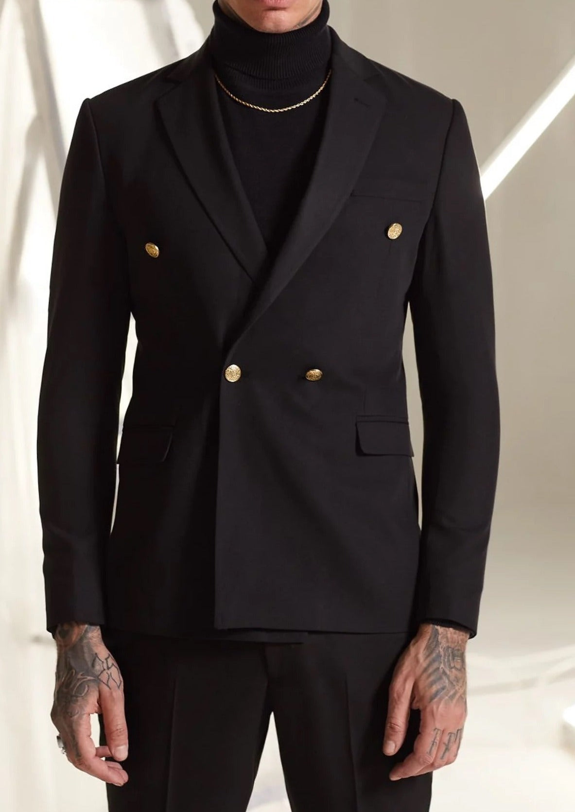 Black Double Breasted Suit with Gold Buttons – Tumuh