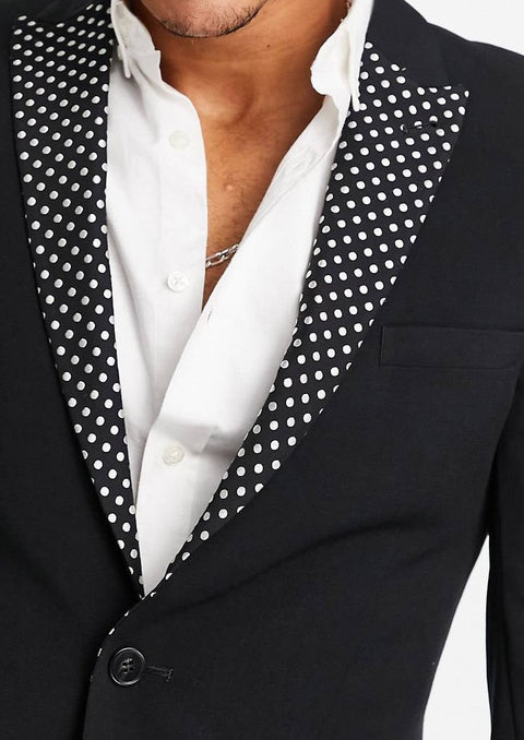 Notch Lapel Slim Black Suit With Polka Dots