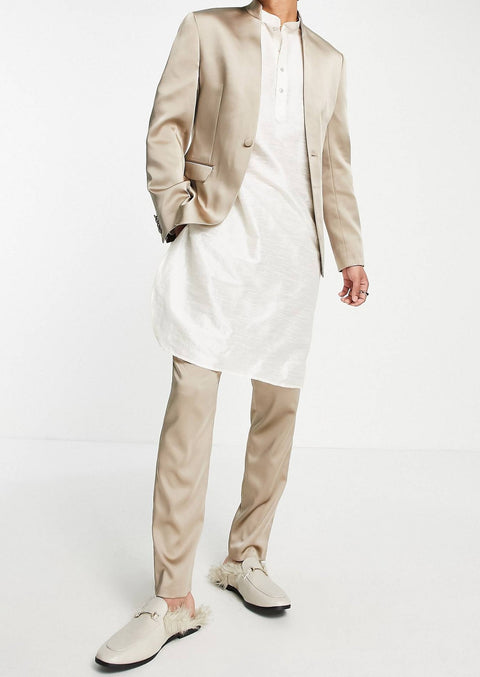 Wedding Skinny Suit Bronze Jacket With White Kurta