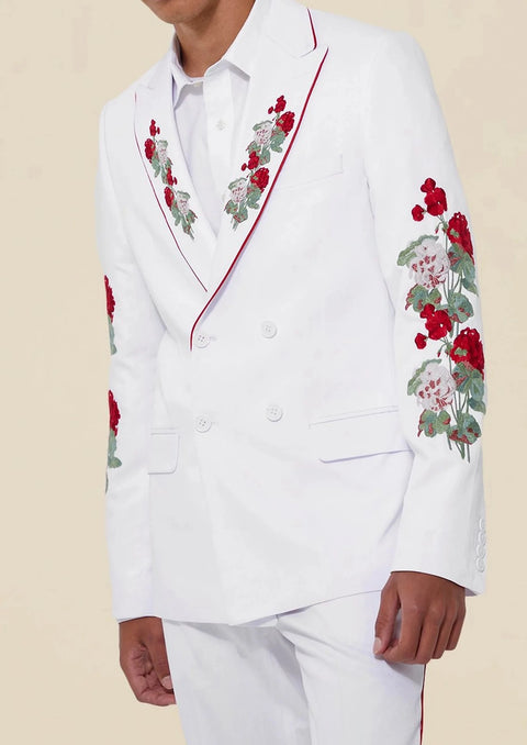 White Floral Embroidery Double Breasted Suit