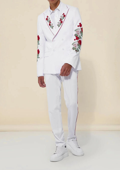 White Floral Embroidery Double Breasted Suit