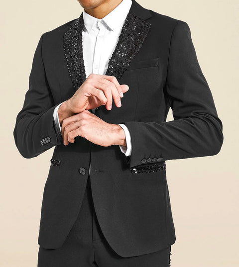 Notch Lapel Black Slim fit Suit with Sequin
