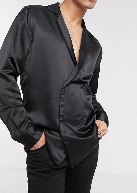 Black Double Breasted Shirt in Sateen