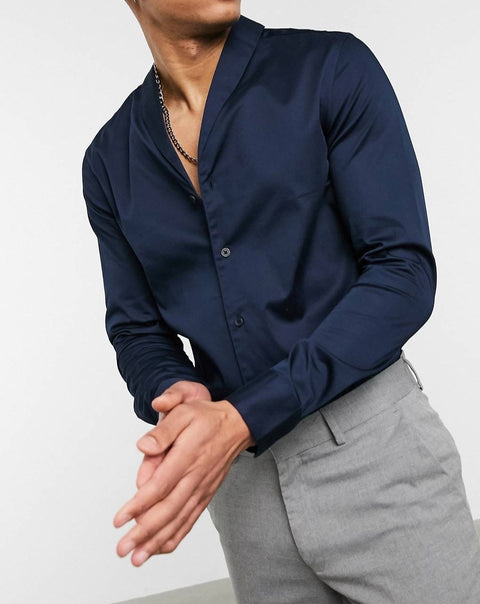 Navy shawl collar slim fit shirt