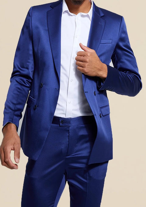 Blue Satin Notch Lapel Single Breasted Suit