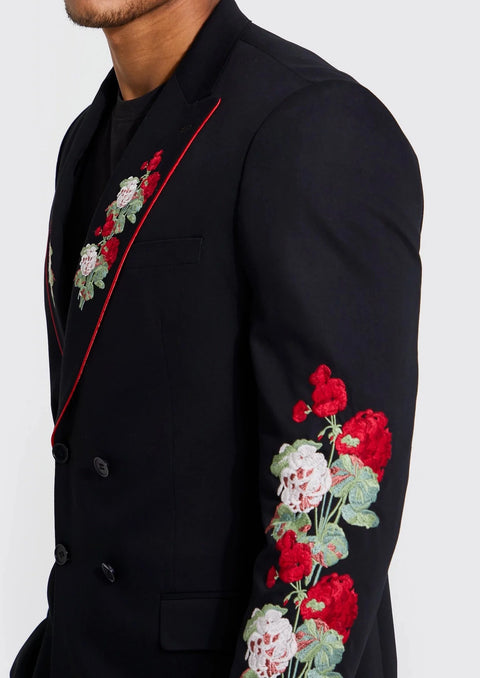 Slim Black Floral Embroidered Double Breasted Suit