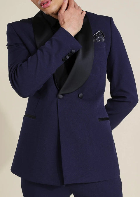 Navy Double Breasted Jacket Suit with Shawl Collar