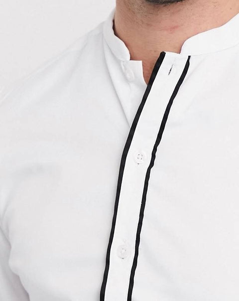 White slim fit shirt with mandarin collar & contrast tipping