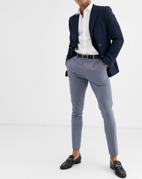 Navy skinny double breasted blazer with gold button in navy