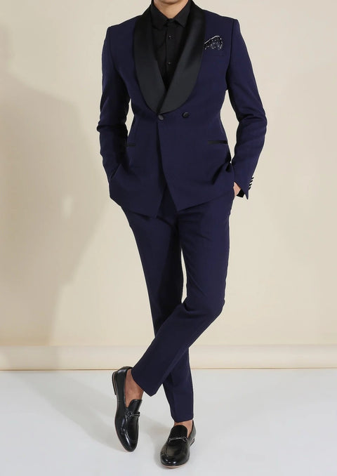Navy Double Breasted Jacket Suit with Shawl Collar