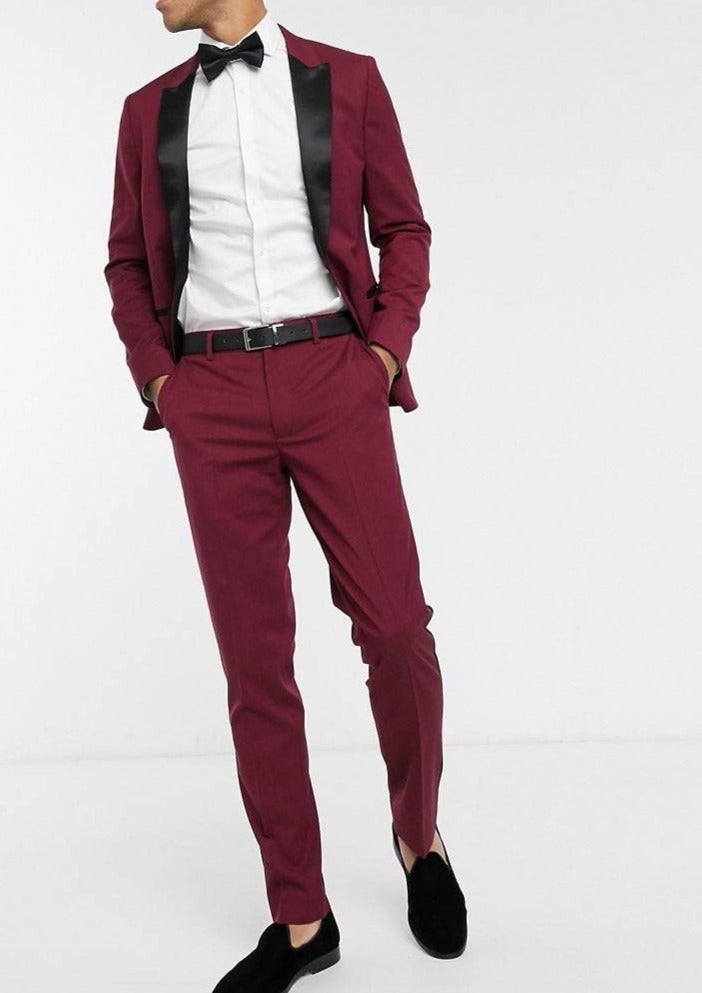 ASOS DESIGN skinny tuxedo pants in burgundy with satin side stripe  ASOS