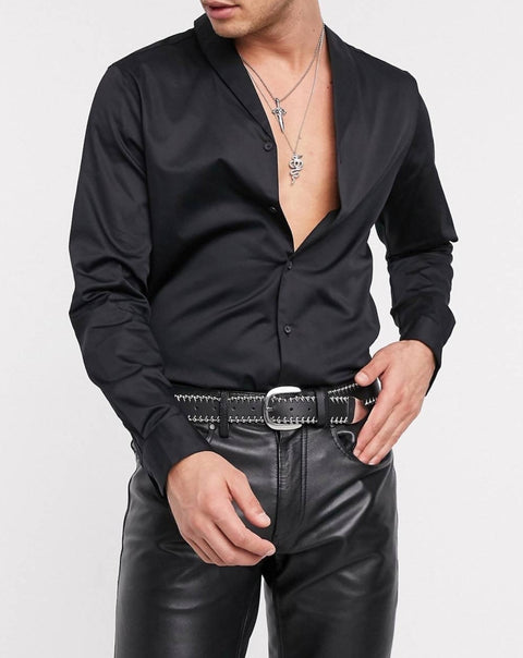 Black shawl collar regular fit sateen smart shirt