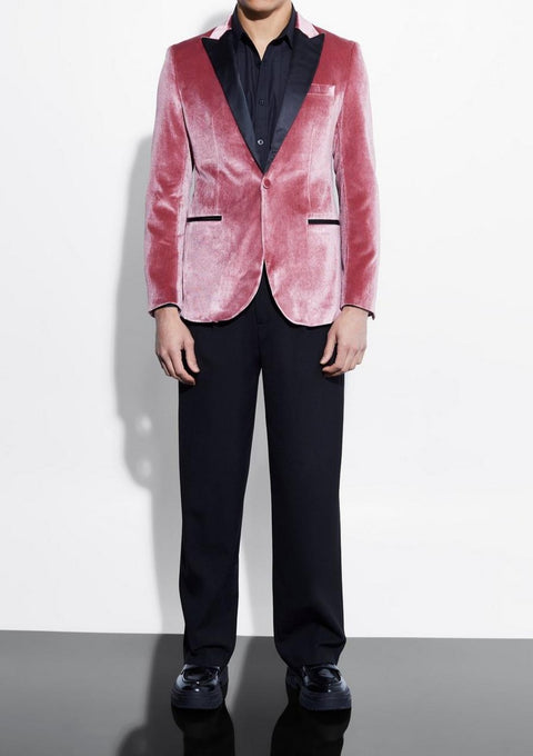 Slim Pink Velour Satin Lapel Tuxedo Blazer Tumuh