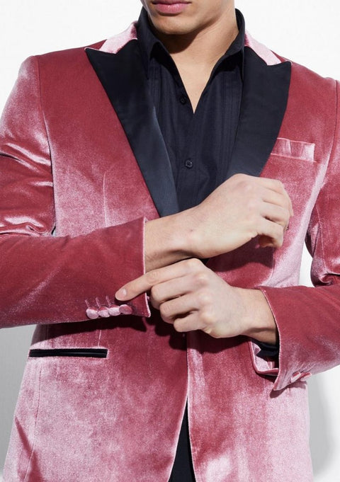 Slim Pink Velour Satin Lapel Tuxedo Blazer